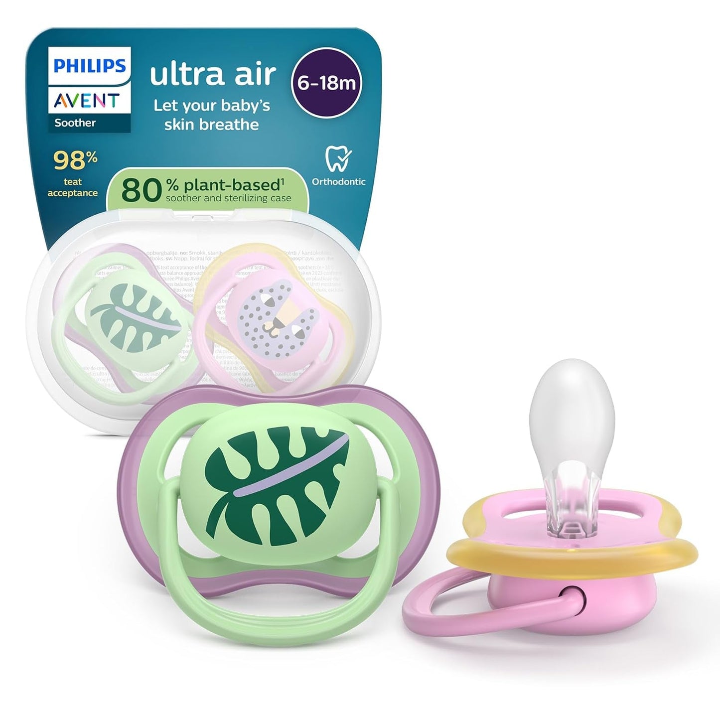 Philips AVENT Ultra Air-Schnuller – 4er-Pack BPA-freie, atmungsaktive Schnuller für Babys von 6–18 Monaten, inklusive Tragetasche und Sterilisation, Schildkröten-/Wal-Muster (Modell SCF085/66)
