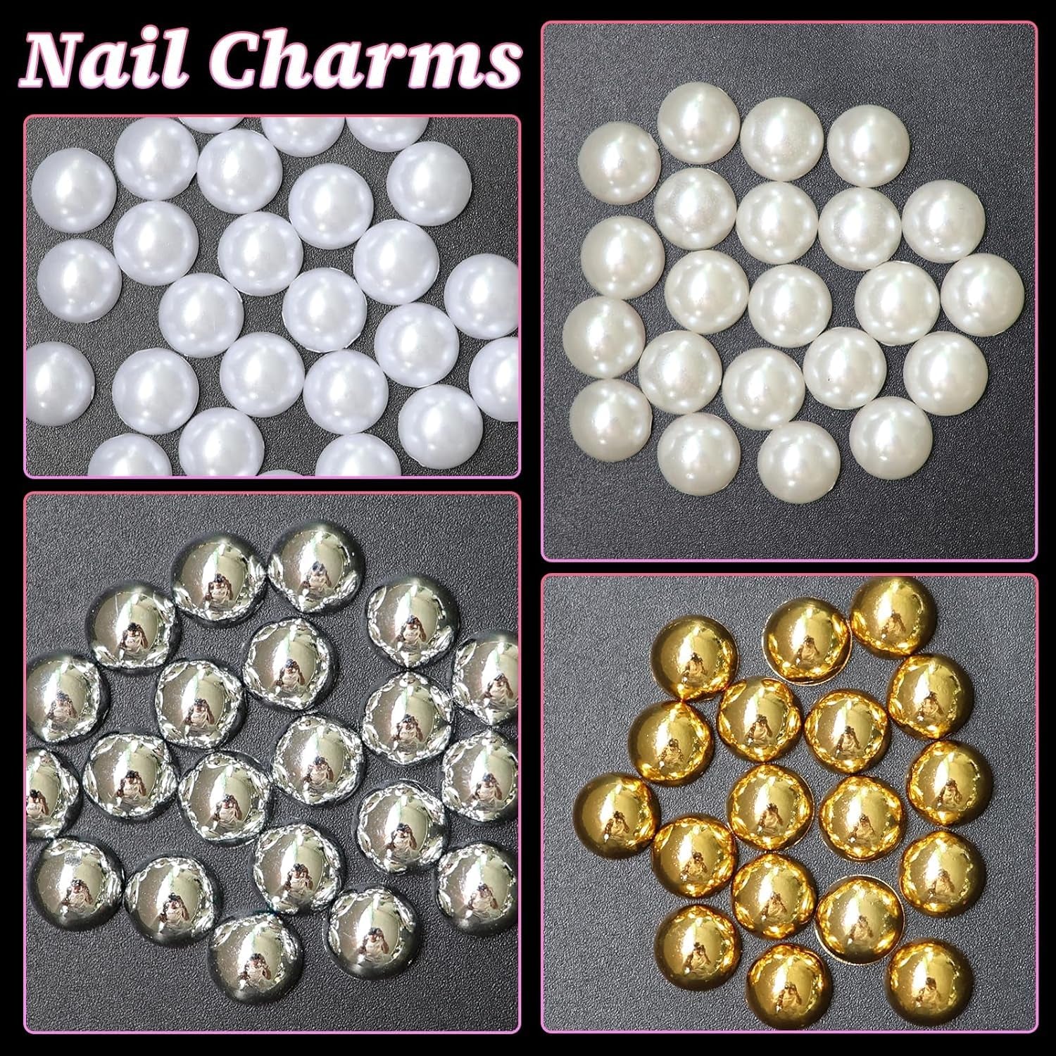 GZMAYUEN 920 Stück Gold Silber Flatback Perlen Für Nägel, Halbrunde Weiße Beige Nagelperlen, Kleine Halbrunde Flatback Perlen Für DIY Nail Art Decor