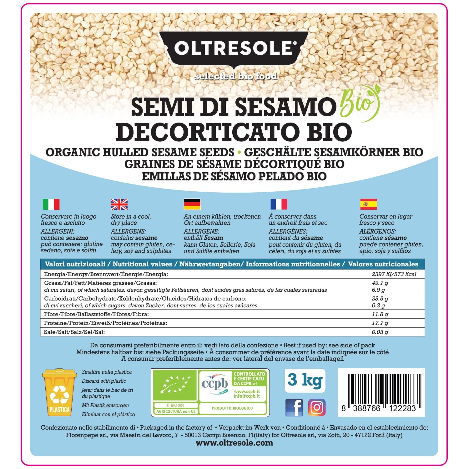 Bio-Sesamsamen 3 kg, rohe Bio-Ölsaaten, weißer Sesam, natürlich geschält, ungeröstet, Quelle für Kalzium und Eisen, Sparpaket