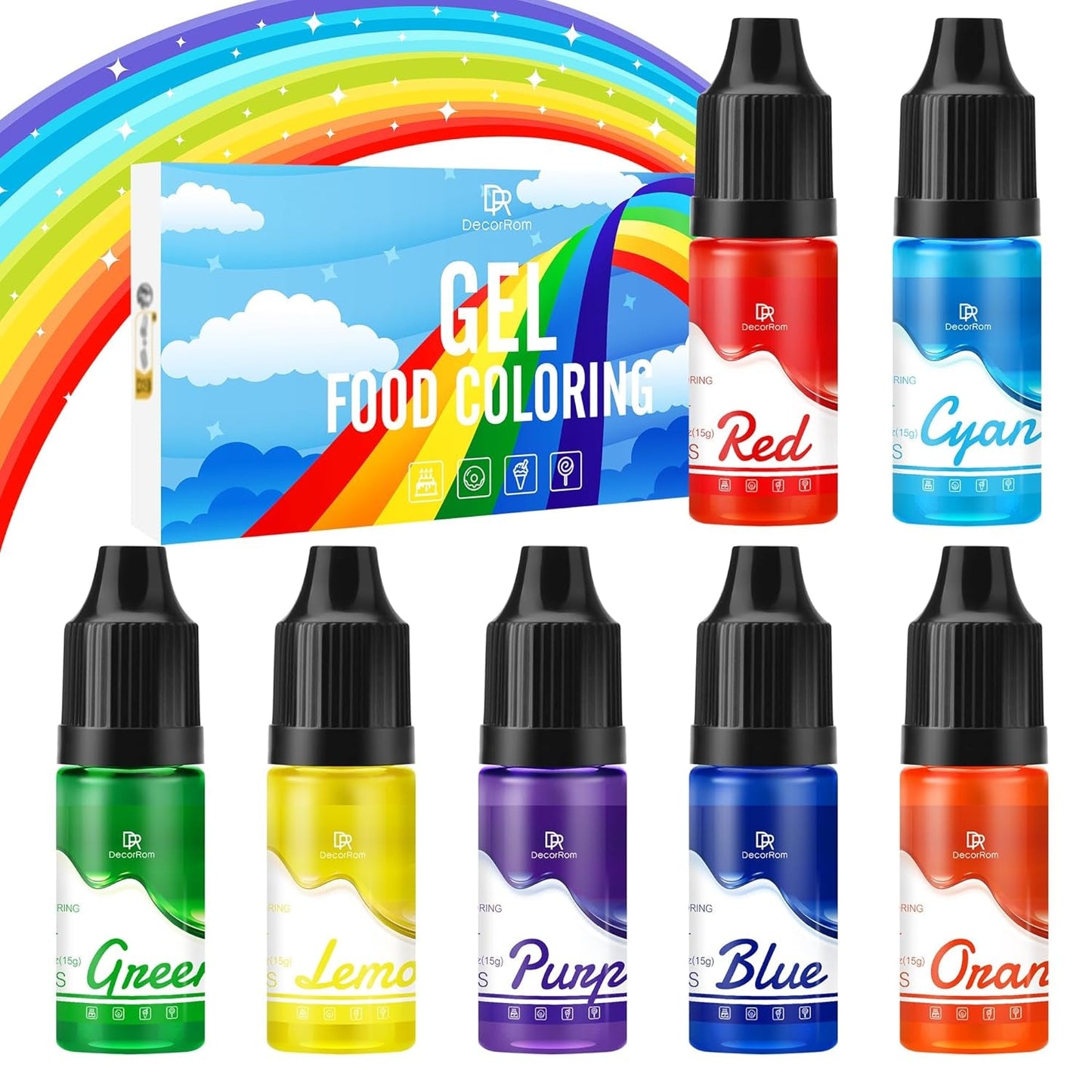 Gel-Lebensmittelfarbe – 7 x 15 ml konzentrierte Regenbogenfarben-Lebensmittelfarbe zum Dekorieren von Kuchen, Backen, Keksen, Macarons – zuckerfreie Lebensmittelfarbe für Getränke, Kuchendekoration, Schleim-DIY