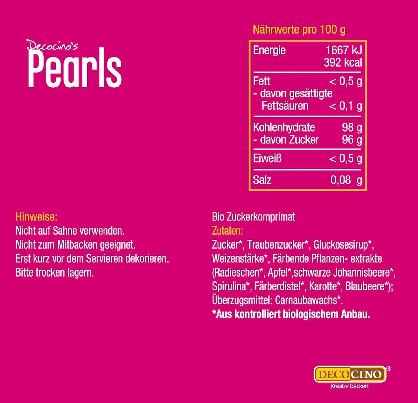 DECOCINO Bio-Streuselperlen – 60 Gramm – Bio-Dextrose-Streusel Sprinkles Naty Shop