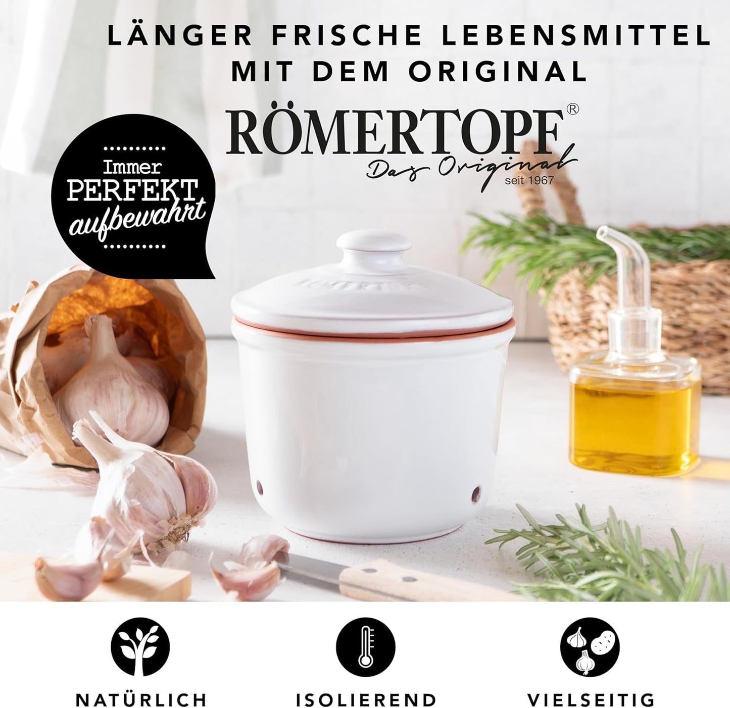 Römertopf Fresh Pot MINI 0,6 Liter – Knoblauchtopf aus Keramik – Atmungsaktiver Ton hält Gemüse länger frisch – Ideale Luftzirkulation – Weiße Frischhaltedosen Naty Shop