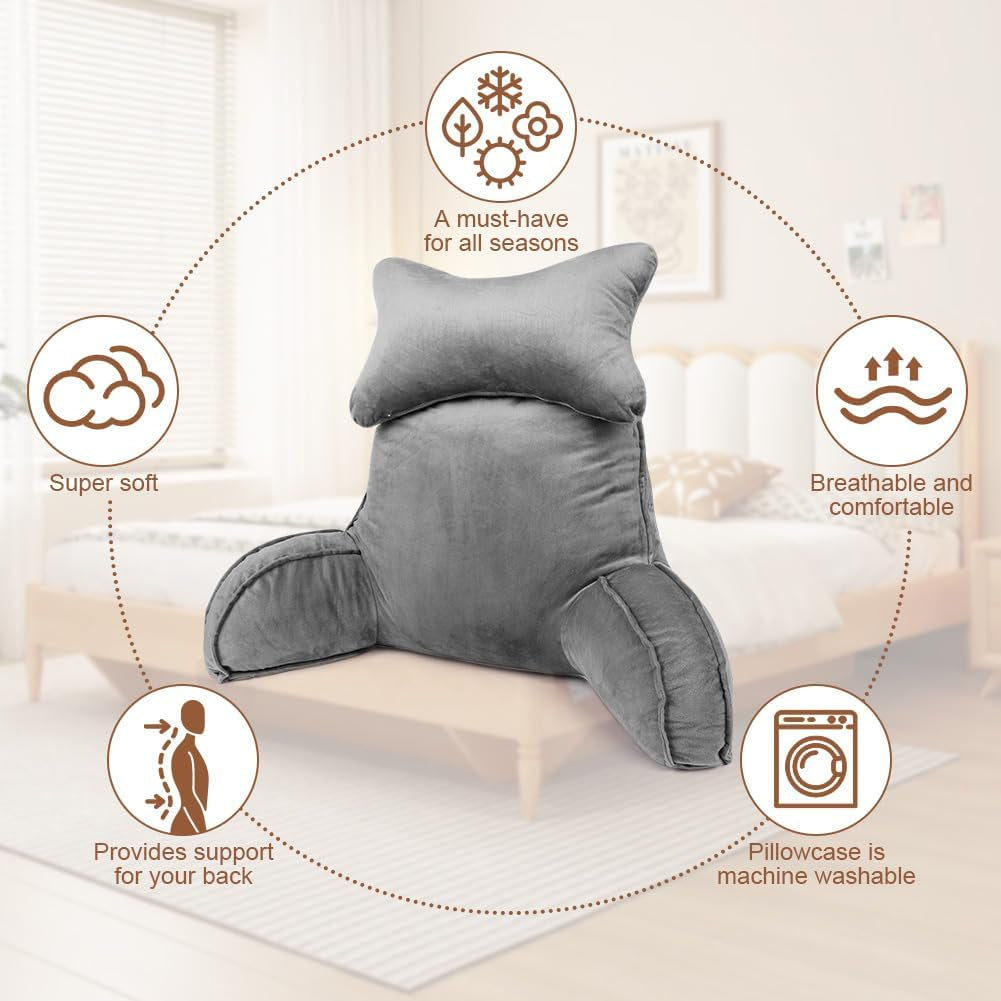 Lesekissen, Rückenkissen mit Nackenrolle und abnehmbaren Armlehnen, Bettruhekissen für Bett oder Sofa, Rückenkissen zum Lesen, Arbeiten und Spielen