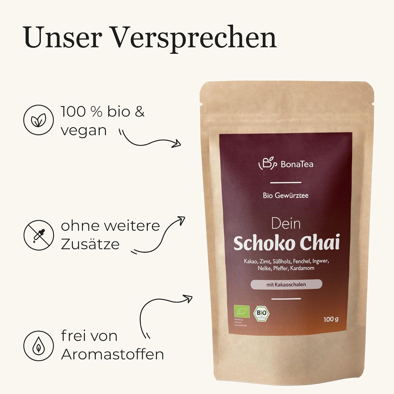 BIO Schoko Chai Gewürztee ohne Zucker, mit Kakaofrüchten, Zimt, Lakritze und anderen aromatischen Chai-Gewürzen, 100 g