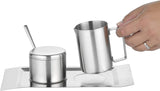 Set mit 4 Milch- und Zuckerbehältern, Modell Wave, 400-1655, aus gebürstetem Edelstahl 18/10. Das Set besteht aus jeweils einem Tablett.