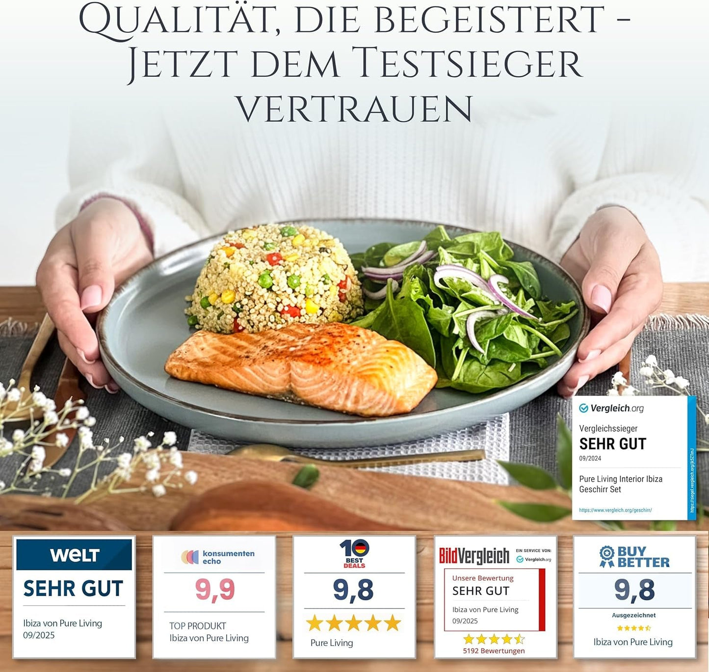 Steingut Geschirrset 6 Personen Rustikal 24 tlg. TESTSIEGER, Hochwertiges Landhausstil Steingut Geschirr Set, Schüssel- und Teller Set, Tafelservice 6 Personen, Geschirrsets Pure Living in Rauchblau