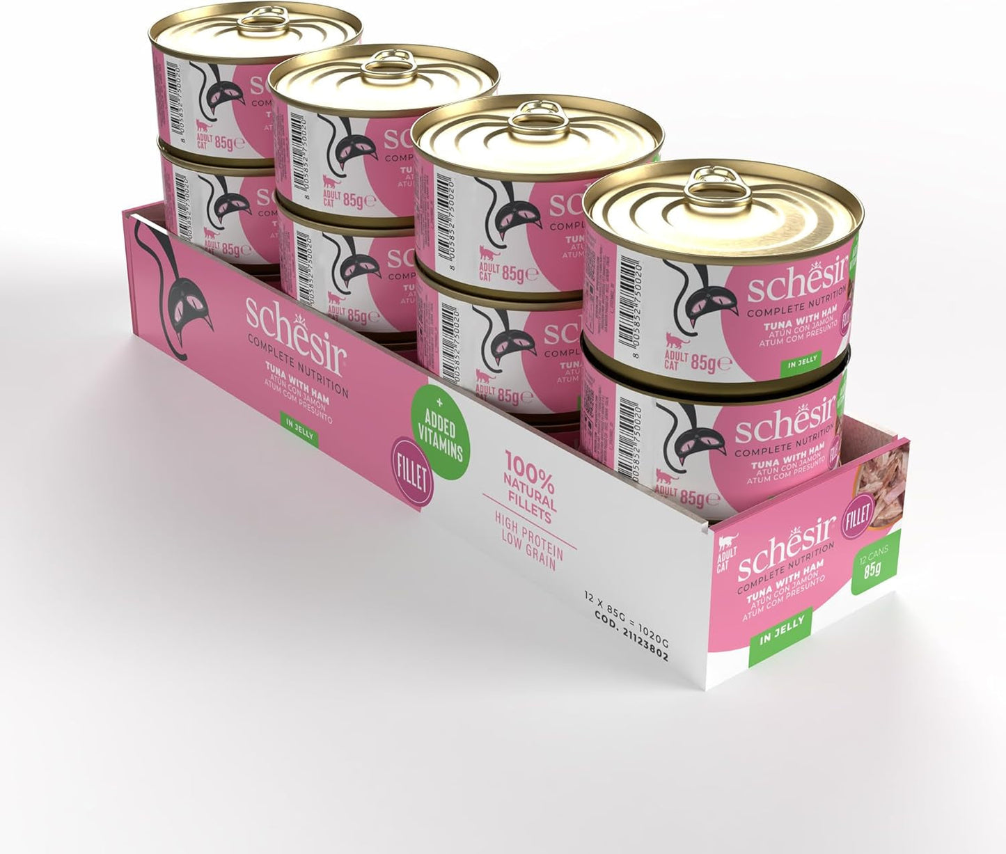 Thunfisch mit Schinken in Gelee, Nassfutter für Katzen, Dose, 100 % natürlich, mit zusätzlichen Vitaminen, 12 x 85 g