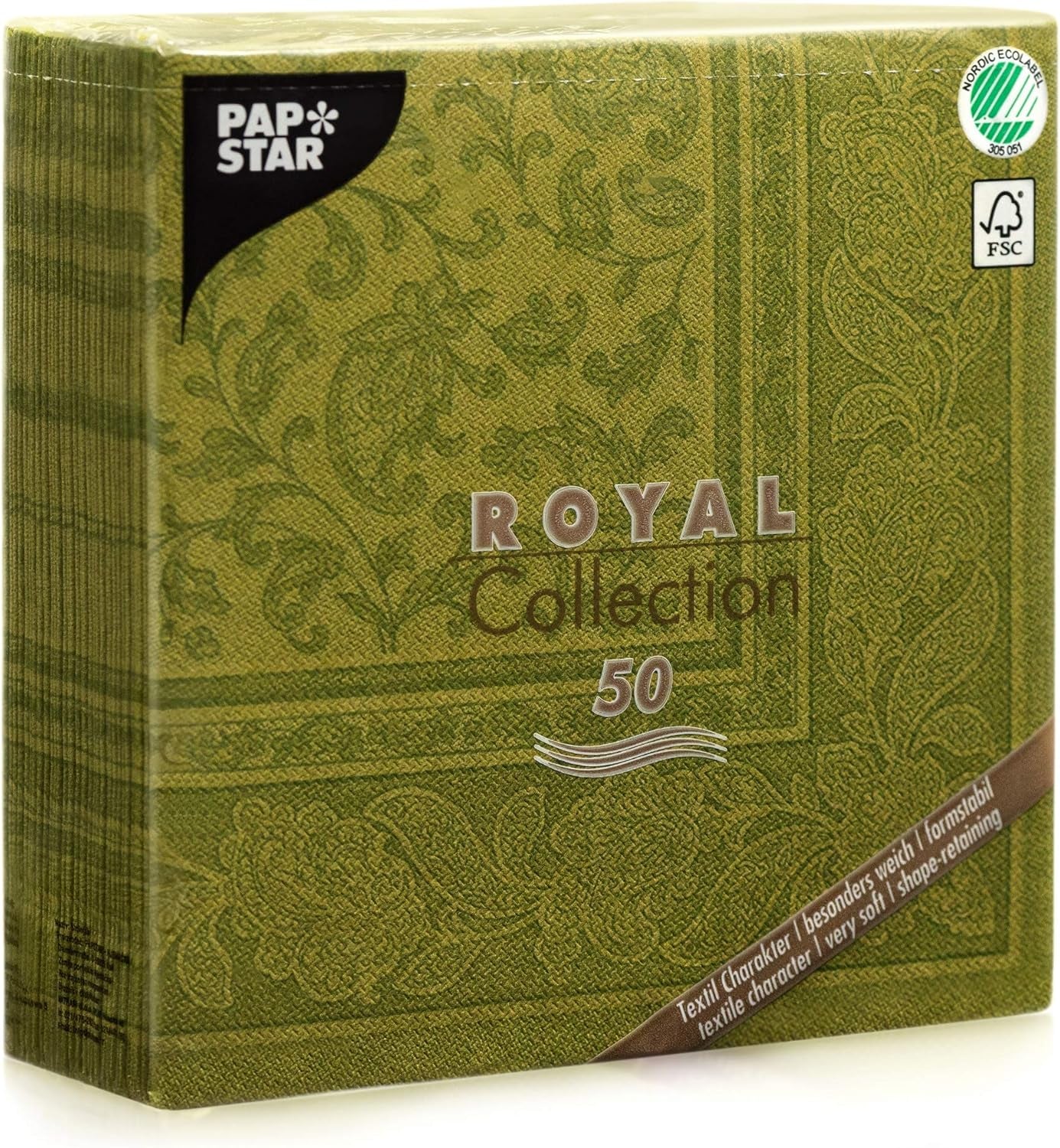 Papstar, 50 Servietten „ROYAL Collection“ 1/4 Falz 40 cm x 40 cm olivgrün „Ornaments“, #81746