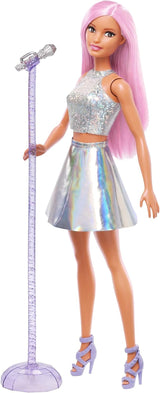Barbie-Popstar-Puppe in funkelndem Rock mit Mikrofon und rosa Haaren, Geschenk für Kinder im Alter von 3–7 Jahren, JCW42, schillernde Puppen, Naty Shop, schillernd