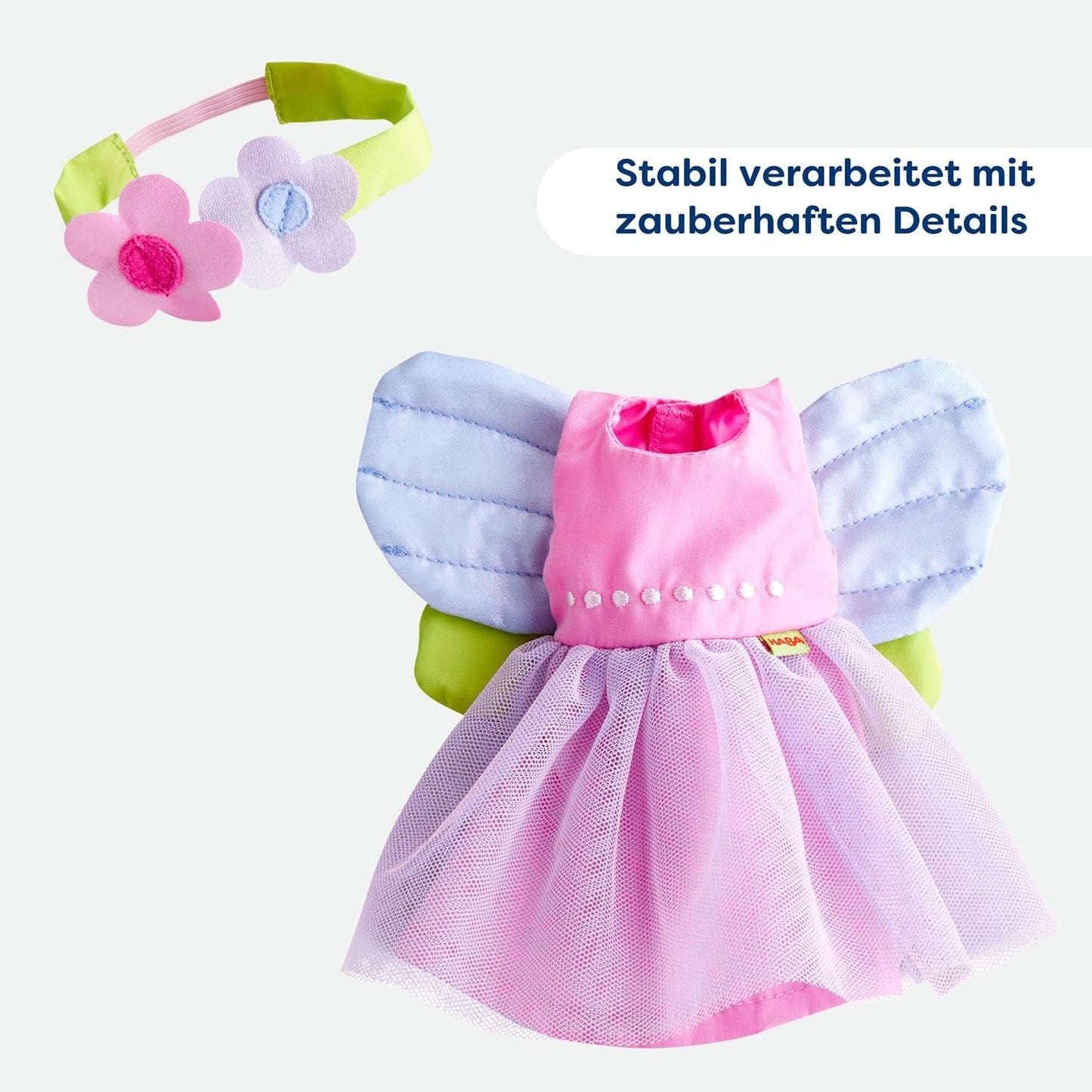 HABA Fairy Magic Puppenkleidung – 2-teiliges Set für Puppen ab 18 Monaten (30 cm) – Tüllkleid mit Flügeln, Blumen-Haarband im Lieferumfang enthalten – 1306243001