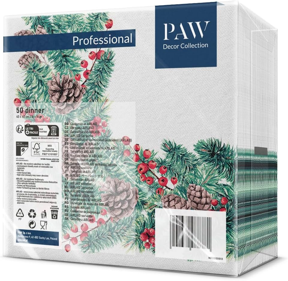 PAW – Airlaid-Servietten (40 x 40 cm) I 50 Stück I Perfekt für Weihnachten, Winter, Feiertage I Tischdekorationen für Heiligabend I Airlaid-Servietten in Stoffoptik Winterzweige I Winterzweige