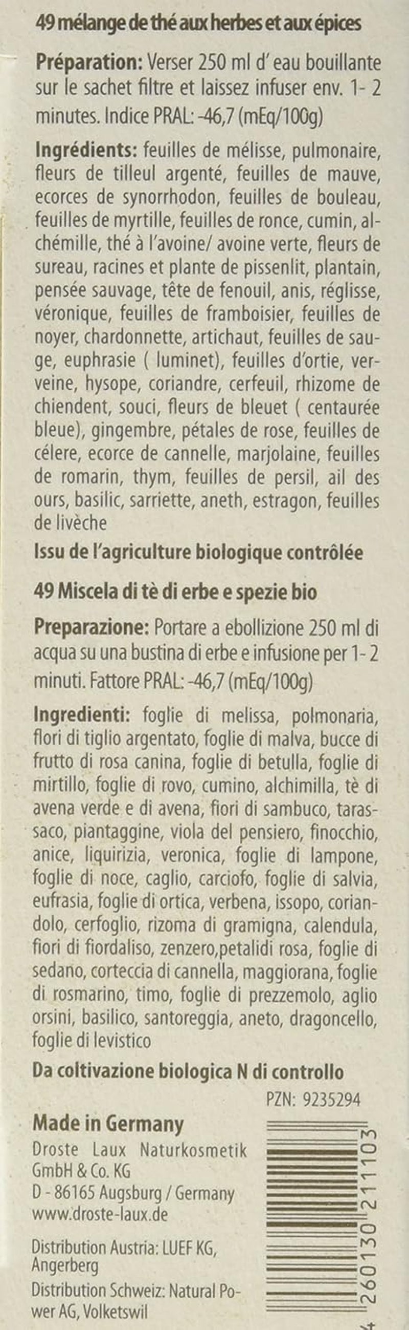 Droste-Laux Basischer Tee mit 49 Kräutern, 25 Stück (Kräutertee, Filterbeutel, Fasten- oder Diättee) 120501