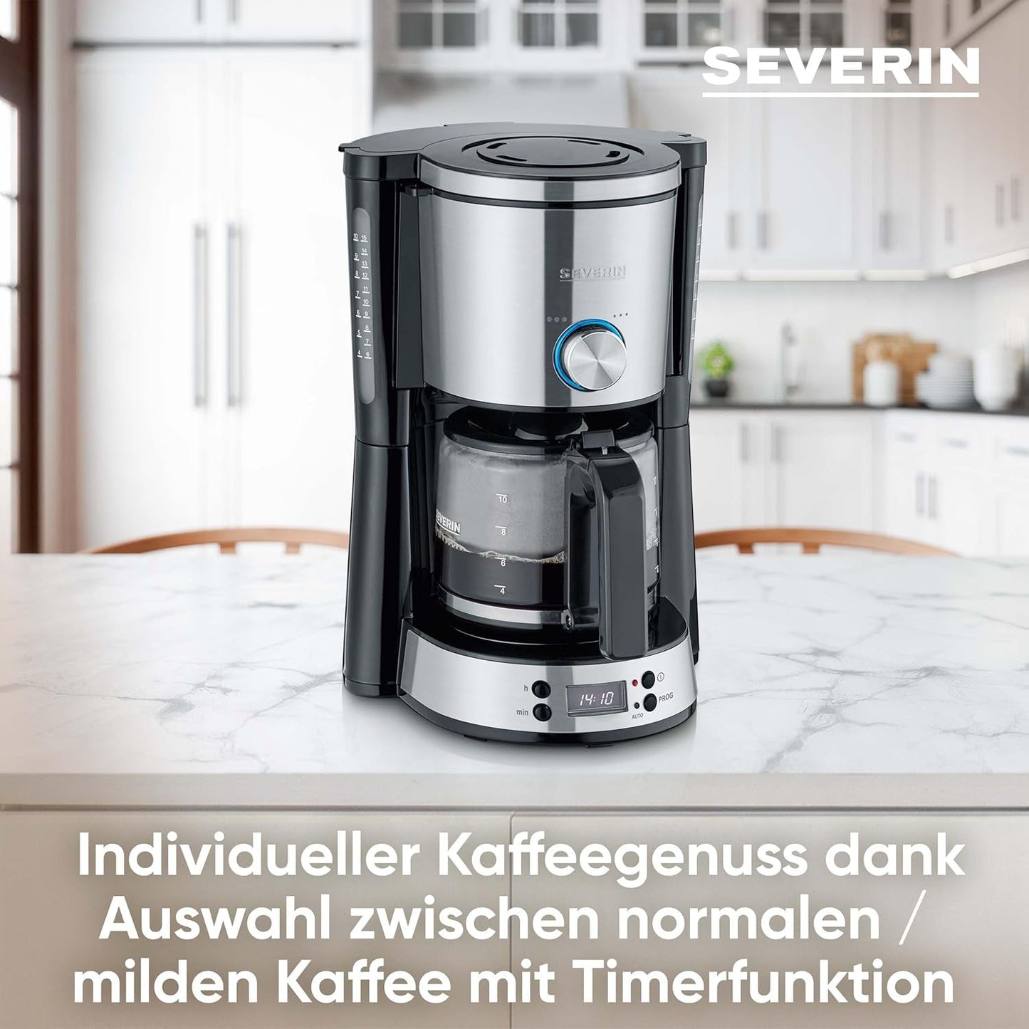 SEVERIN Espressomaschine „TypeSwitch“ mit Glaskaraffe und Timer, AromaSwitch zur Auswahl von 2 Brühoptionen, Digitaluhr mit Timerfunktion, für bis zu 10 Tassen, 1000 W, Edelstahl gebürstet-schwarz, KA 4826