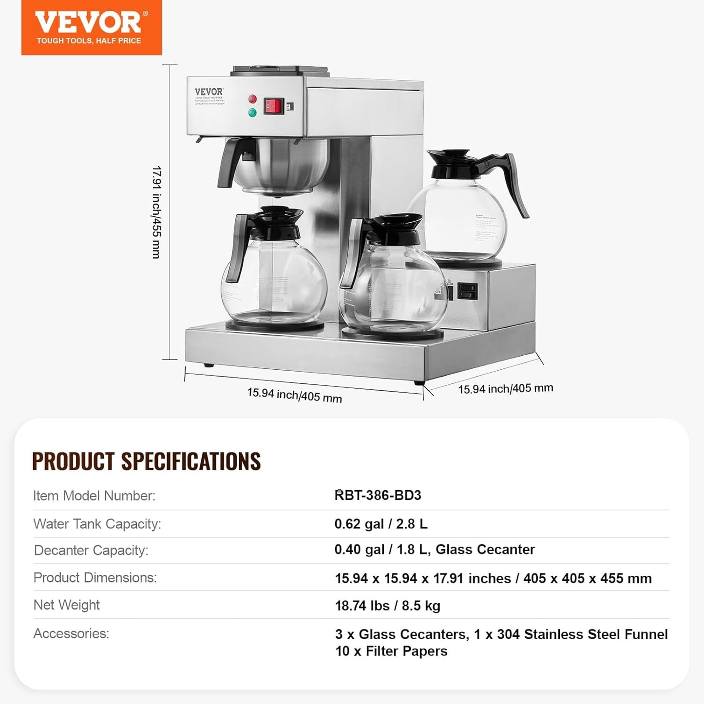 VEVOR Kommerzieller 12-Tassen-Filter-Espressokocher mit 3 Glaskaraffen und 3 Heizplatten, Edelstahl-Espressomaschine mit automatischer Wasserversorgung für Restaurant, Büro, Café