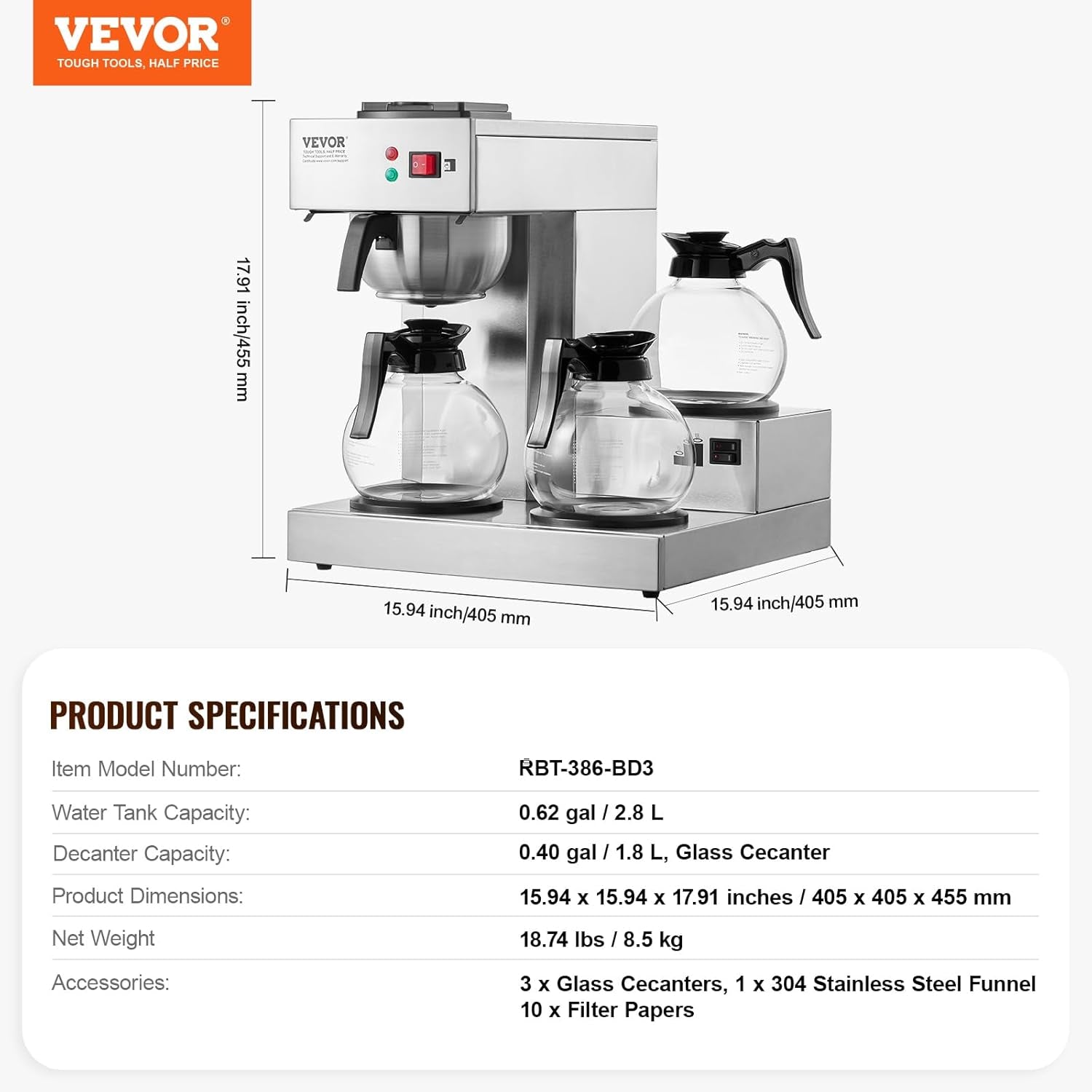 VEVOR Kommerzieller 12-Tassen-Filter-Espressokocher mit 3 Glaskaraffen und 3 Heizplatten, Edelstahl-Espressomaschine mit automatischer Wasserversorgung für Restaurant, Büro, Café