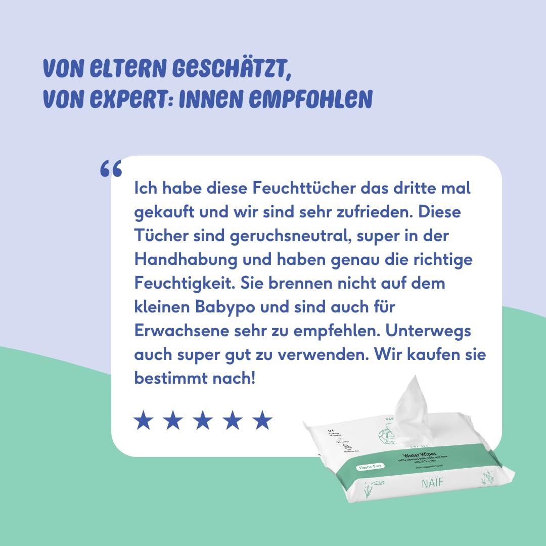 Naïf – Plastikfreie Feuchttücher – 1296 Stück (24 Stück x 54 Feuchttücher) – Babypo-, Körper- und Gesichtspflege – 99 % Wasser – 0 % Duftstoffe und Alkohol