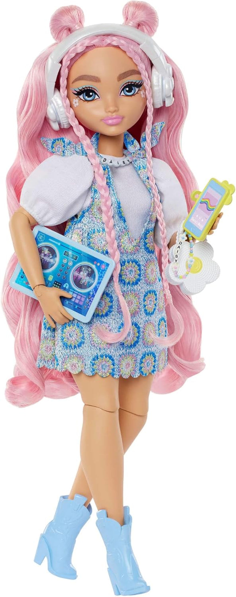 Dream Besties Barbie-Puppe und Zubehör, bewegliche Teresa-Modepuppe mit braunem Haar und Haarspangen, 10-teiliges Videospiel-Thema, HYC23-Puppen Naty Shop DJ und Musik