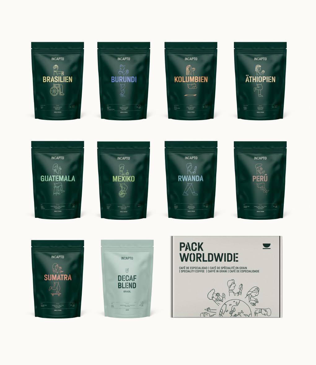 Auswahl an Incapto-Kaffeebohnen weltweit | Auswahl von 10 Ursprüngen aus aller Welt | Spezialitätenkaffee | 100 % Arabica | Ideal als Kaffee-Geschenkset | Für Kaffeeliebhaber | 10 Packungen x 100 g