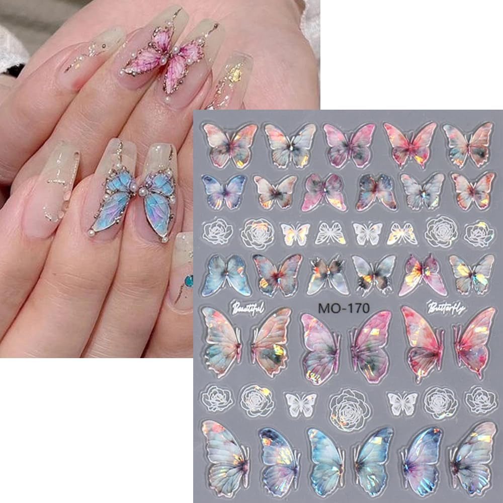 5D geprägte Schmetterlings-Nagelaufkleber, selbstklebende Schmetterlinge, Nageldekorationsaufkleber, Aurora-Schmetterling, Nagelkunstaufkleber, Nagelzubehör, Design, Schmetterlingsnagelaufkleber, Nagelkunstaufkleber