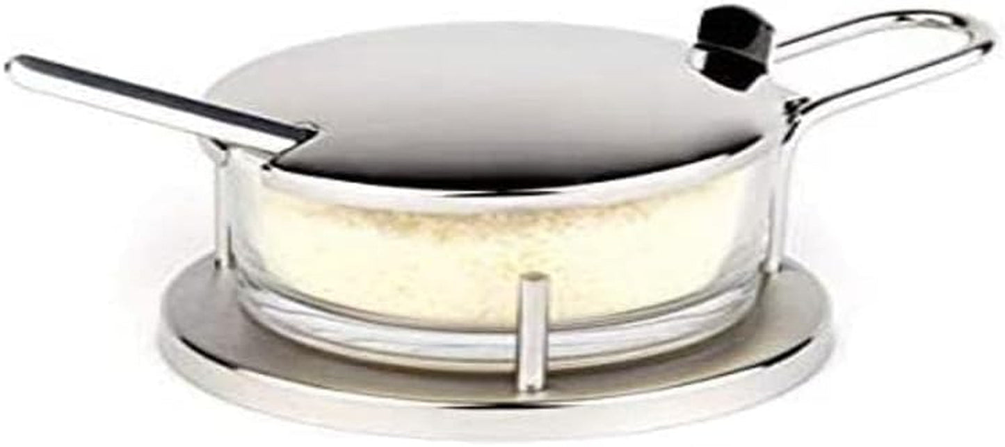 Parmesan-Set APS „Classic“, Schüssel für Parmesan, Behälter für Parmesan mit Löffel, transparentes Glas für Parmesan im Edelstahlhalter, 11 x 15 cm, Höhe 7 cm