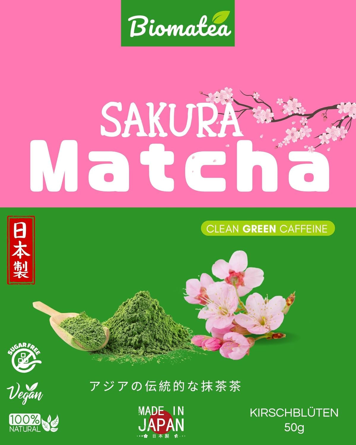 Sakura-Matcha-Tee 50 g – zeremonielle Qualität aus Japan – Premium-Grüntee mit Sakura-Blütenpulver – erste Ernte, Stein gemahlen, vegan, ohne Zusatzstoffe