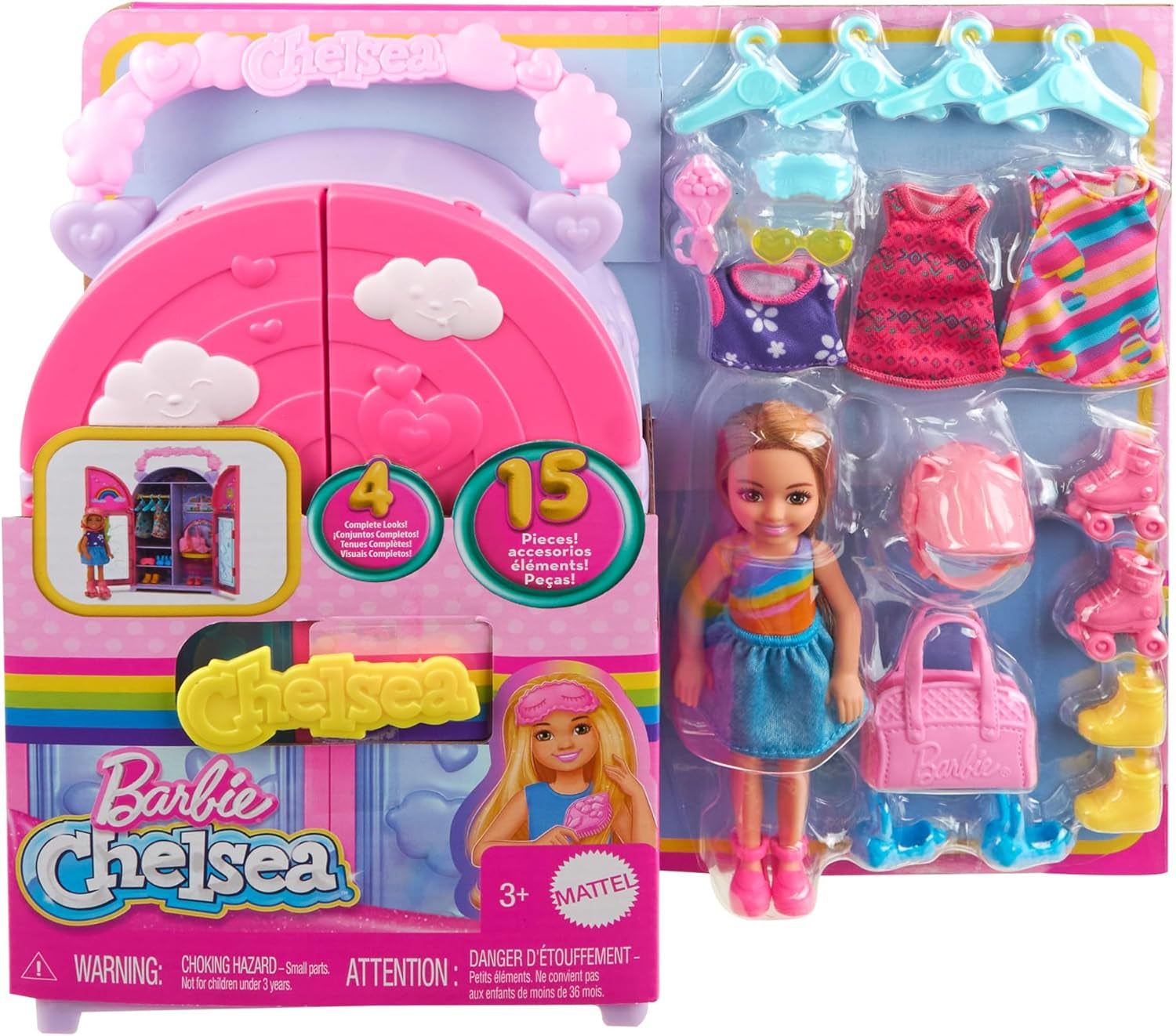 Barbie Chelsea-Puppe und Kleiderschrank-Spielset mit Kleidung und Zubehör, 17-teiliges Set, faltbar zum Spielen und Aufbewahren auf Reisen, HXN03 Naty Shop Dolls