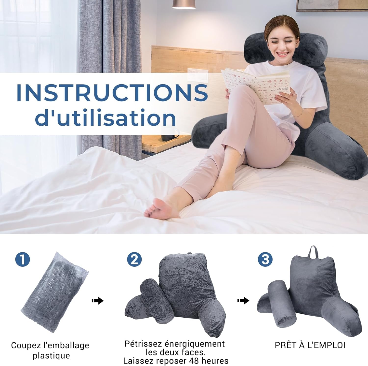 INFANTIA ergonomisches Lesekissen mit Armlehnen, Rückenstütze, groß, grau