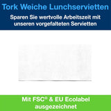 Tork Soft Lunch Serviette Weiß, 1/8 Falz, 3-lagig, 33 cm × 33 cm, 150 Servietten, 477416