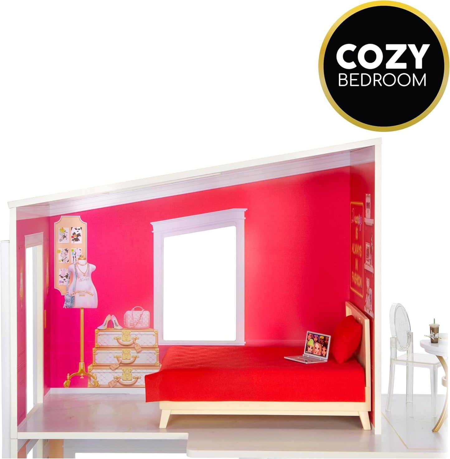 Rainbow High Townhouse - 3-stöckiges Holzpuppenhaus mit 5 bunten Zimmern & Terrasse - Komplett eingerichtetes Haus mit funktionierendem Lift und Zubehör - Spielzeug für Kinder von 4 bis 12+ Jahren