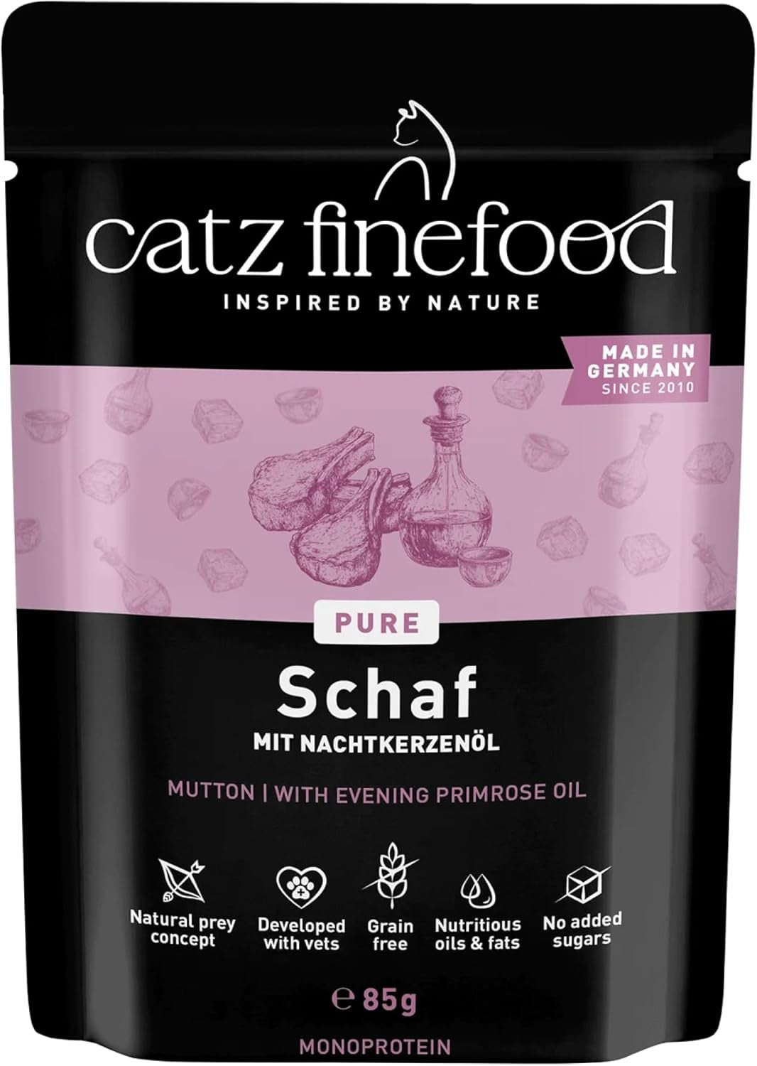 Nassfutter für Katzen Catz Finefood Purrrr Sheep Monoprotein Nr. 113, für Katzen mit empfindlicher Verdauung, 70 % Fleischanteil, 16 Beutel à 85 g