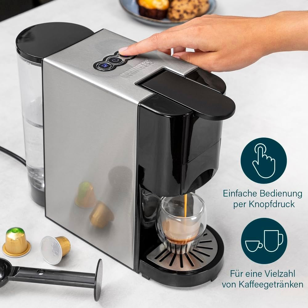 Princess 4-in-1-Mehrkapsel-Espressomaschine – 1450 Watt, Kapseln, Pads, gemahlener Kaffee, BPA-frei, 249450, 01.249450.01.001, Schwarz, Silber