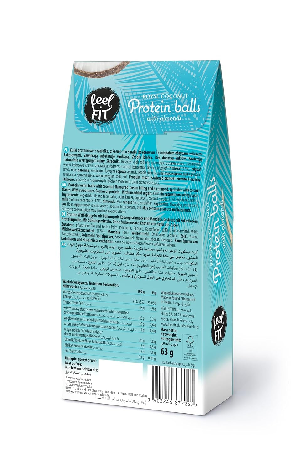 Zuckerfreie Kokospralinen mit Mandeln, Feel FIT, ohne Zuckerzusatz, 17 % Protein, 63 g