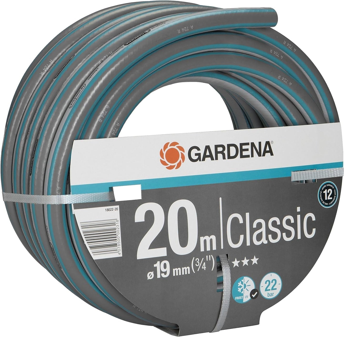Gardena Classic Schlauch 19 mm (3/4 Zoll), 20 m: Universeller Gartenschlauch aus robustem Gewebe, kreuzgewebt, 22 bar Berstdruck, UV-beständig, keine Systemkomponenten, 12 Jahre Garantie (18022-20)