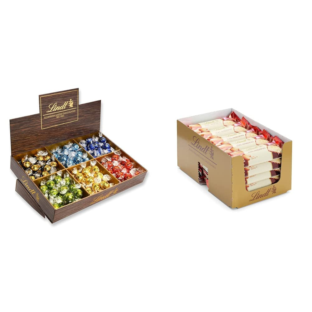 Lindor Chocolate Top Präsentation | 1718 g und Schokoriegel mit Marzipan | 25 Riegel x 50g im Thekendisplay | 1250 g | Reines Marzipan umhüllt von dunkler Schokolade | Schokoriegel