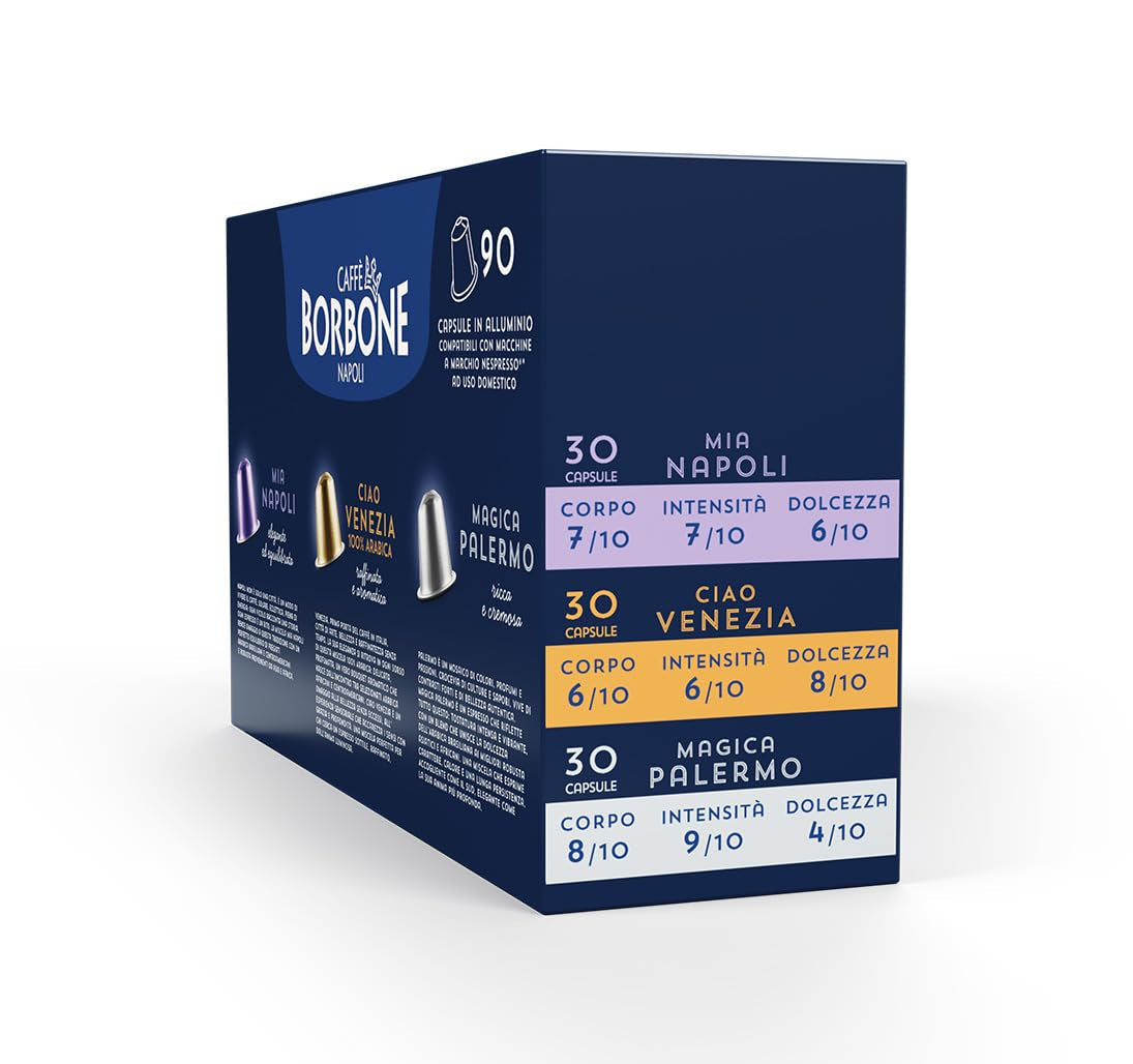 Caffè Borbone Verkostung Kit, 90 Aluminiumkapseln: 30 Mia Napoli, 30 Ciao Venezia, 30 Magica Palermo, (3 x 30 Stück) – Kompatibel mit Kaffeemaschinen für den Hausgebrauch der Marke Nespresso®*