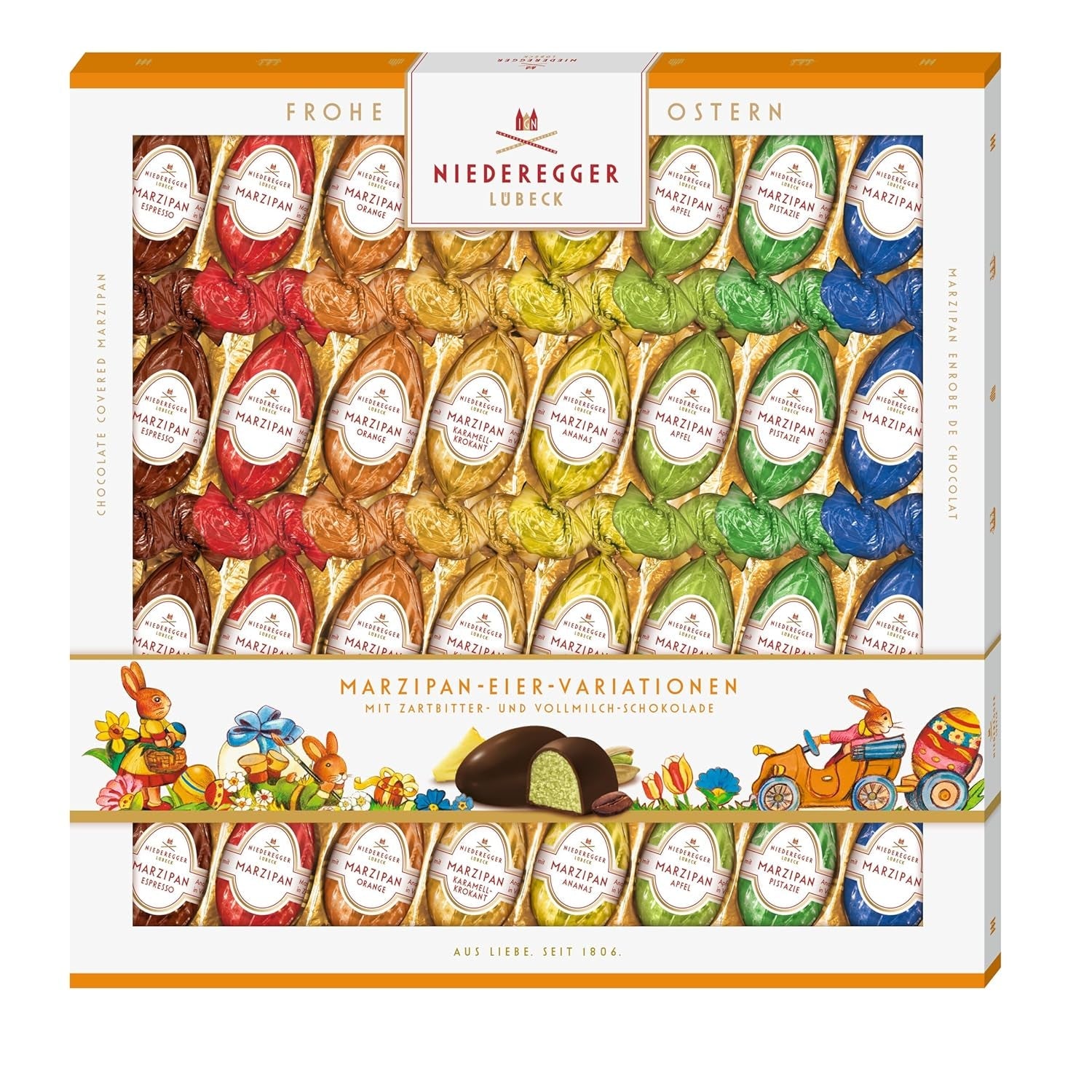 Niederegger | Marzipan-Eier | 1 x 400g | Varianten: Classic, Milchschokolade, Orange, Caramel Crunch, Ananas, Apfel, Espresso und Pistazie | Überzogen mit dunkler und Milchschokolade | Ostergeschenk