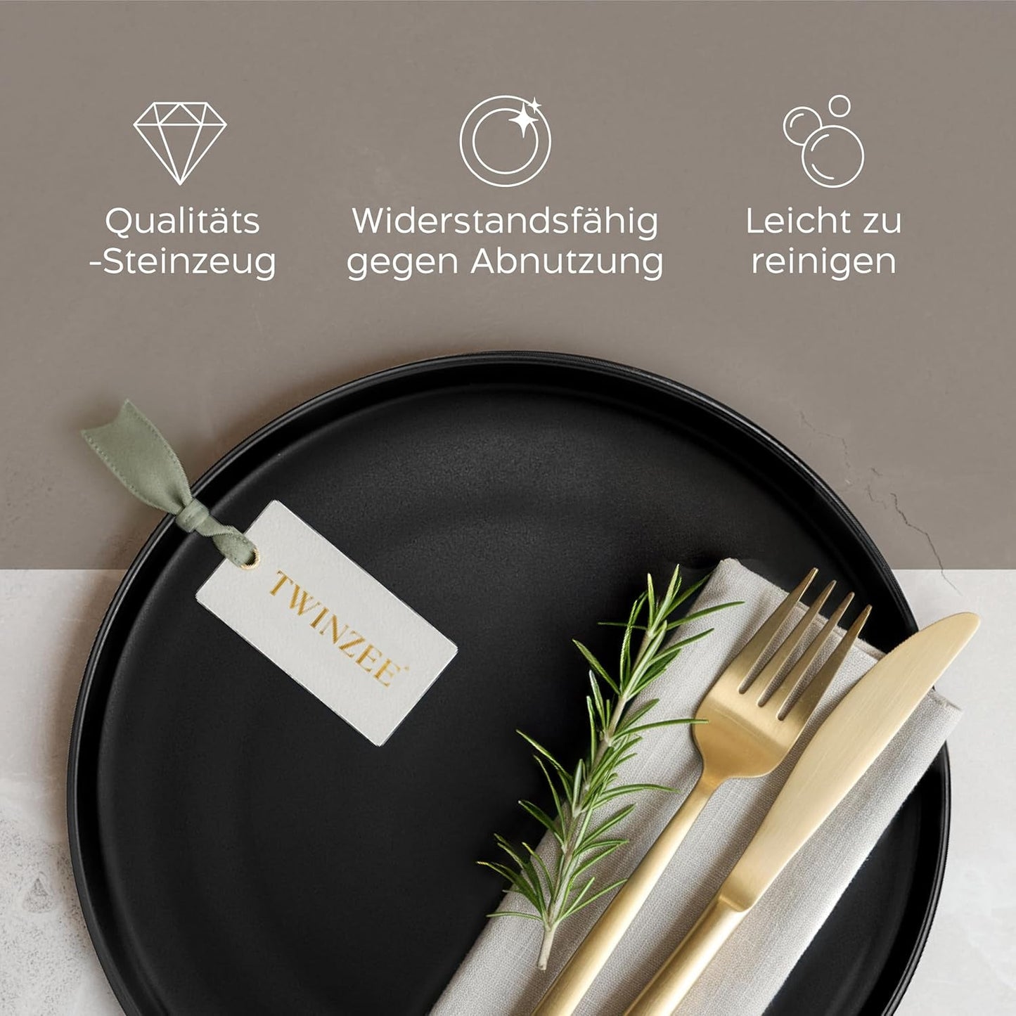 Steingut-Teller-Set für 6 – Mattschwarz. 6-teiliges Set, große, mikrowellengeeignete Teller, elegantes Design – Twinzee Ebony-Kollektion