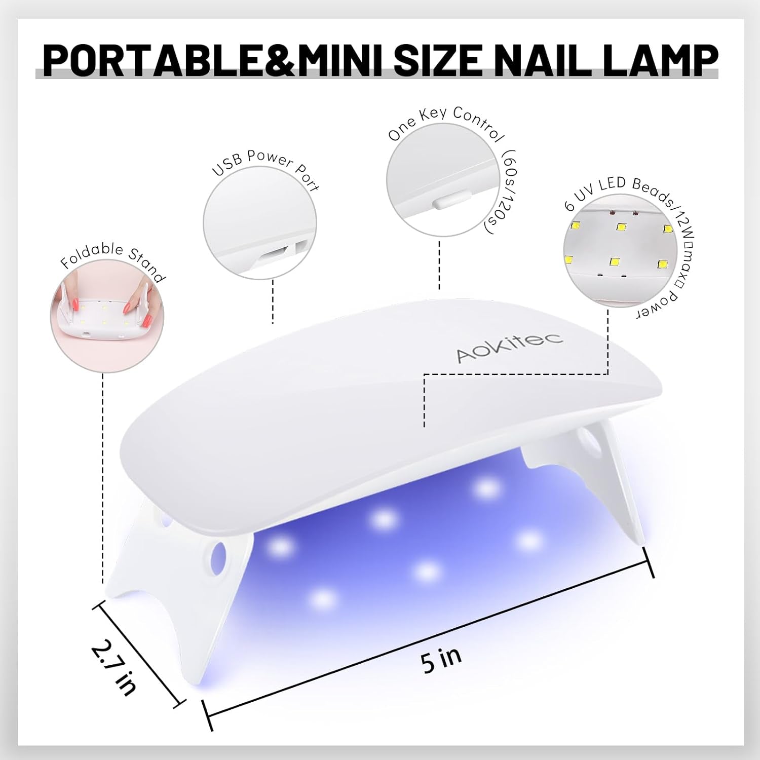 Aokitec Mini-LED-UV-Lampe, UV-Gel-Nagellampe, tragbarer Nageltrockner für alle Arten von Gel-Nagellack, Härtungsgerät in Mausform, kompakt, leicht, mit USB-Kabel (weiß)