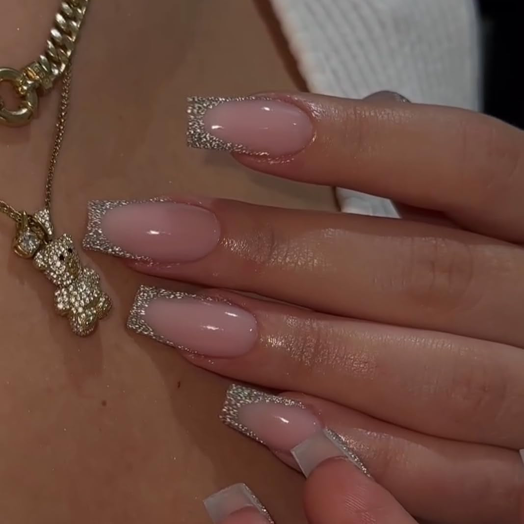 Lange French Tips Gold Glitzer Kleber auf langen quadratischen Nägeln Glitzer French Tip Falsche Nägel Set Quadratische künstliche Nägel für Frauen 24 Stück