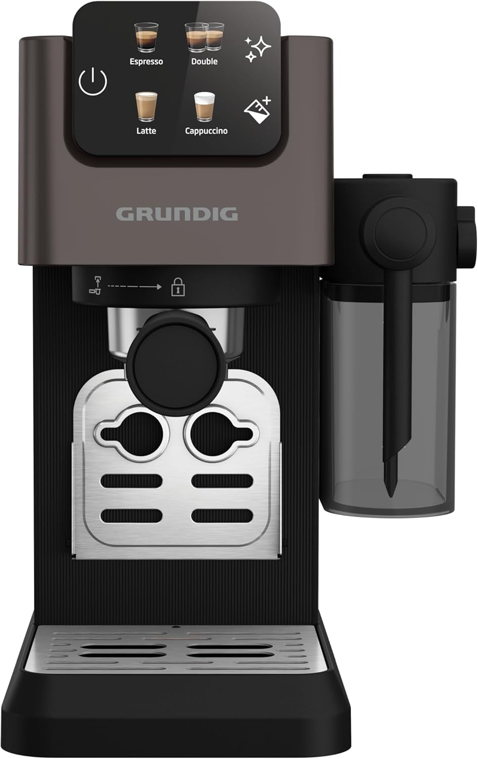 Siebträger-Espressomaschine GRUNDIG KSM 5330 mit integriertem Milchbehälter, Leistung 1628 W, Pumpendruck 15 bar, Doppeldüse, farbiges Touch-Display, BrewSense, CreamyPro, Edelstahl dunkel/Schwarz