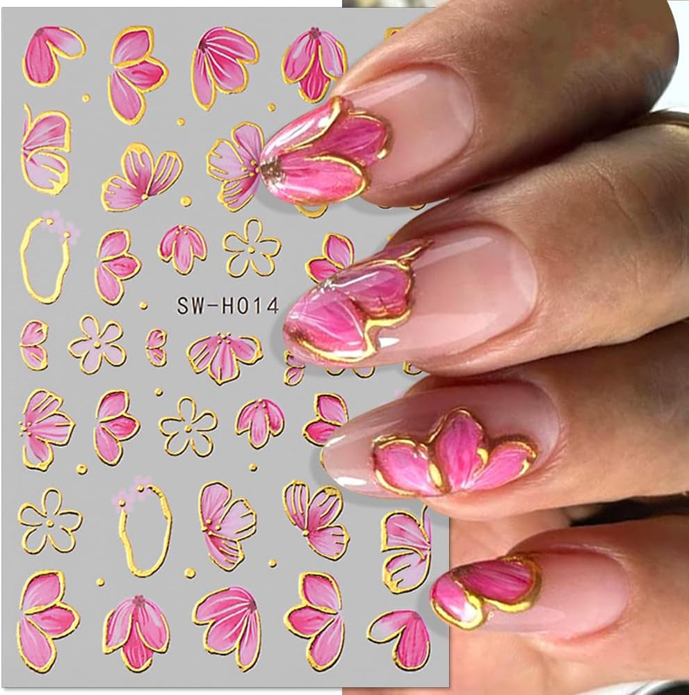 Gold Linie Schieber Rosa Nagelsticker Blumen 3D Flower Nail Sticker Sakura Blütenblätter Blumen Nagelaufkleber Frühling Sommer Floral Nagel Sticker Flowers Nagel Sticker Nageldesign Zubehör Nail Art