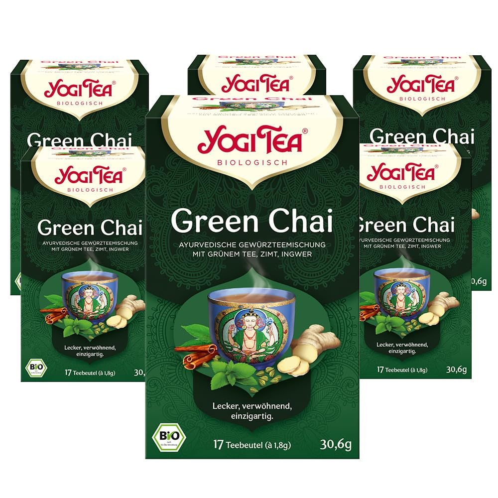 Yogi Tea Grüner Chai, ayurvedischer Bio-Gewürztee, Mischung aus Zimt, Minze, grünem Tee, Ingwer, Kardamom und Nelke, 6 x 17 Teebeutel (insgesamt 102 Teebeutel)