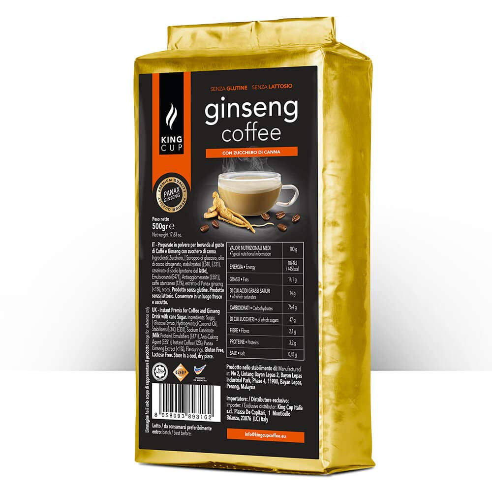 - 1 Verpackung mit 500 Gr Ginseng mit braunem Zucker-Löslichem Kaffeepulver zum Süßen, Ideal zum Hinzufügen zu heißem Wasser, Glutenfrei, Laktosefrei und Gentechnikfrei