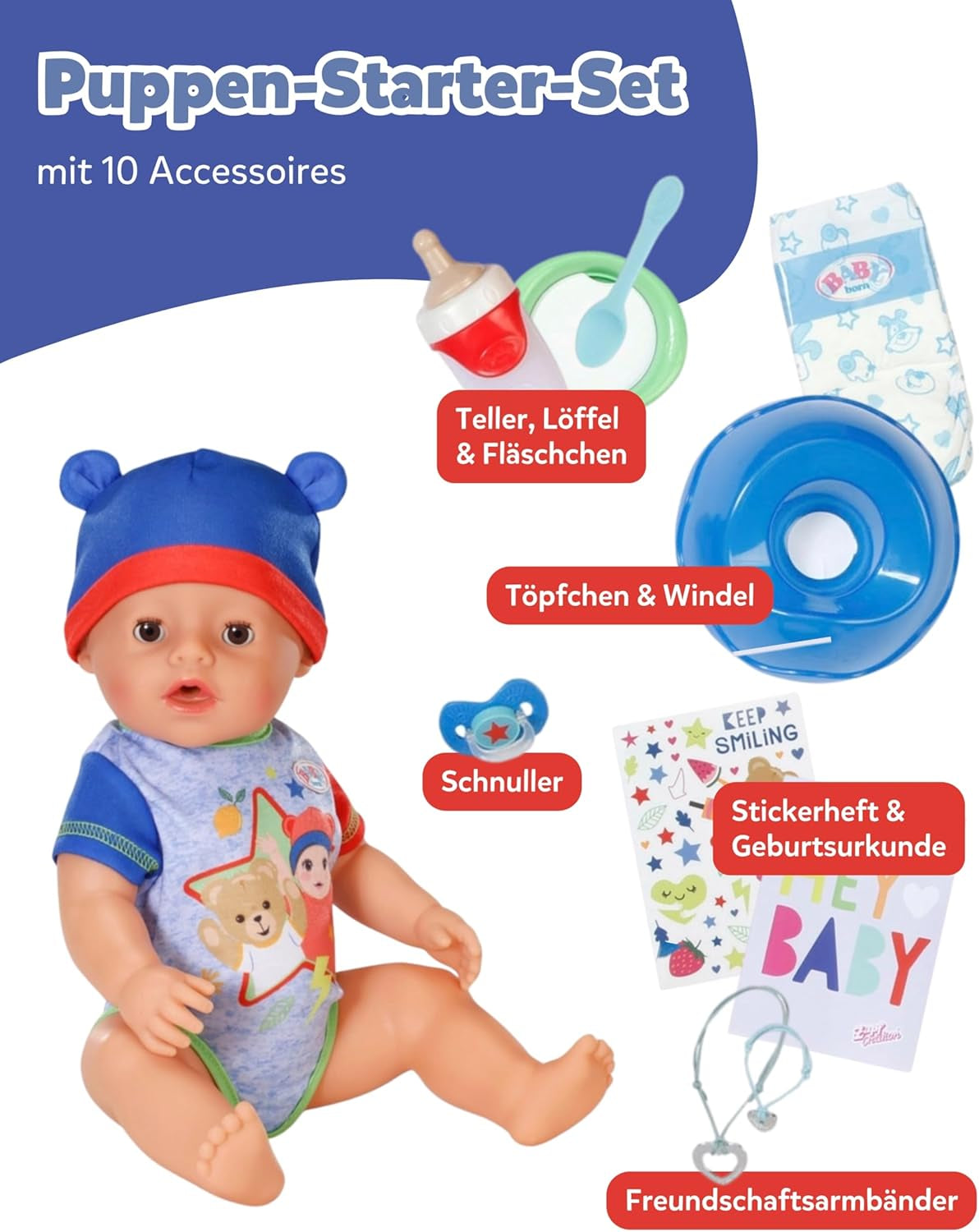BABY Born Jonas – Babypuppe 43 cm – 10 Funktionen inklusive Zubehör und Matratze – Funktioniert komplett ohne Batterien – Geeignet für Kinder ab 3 Jahren