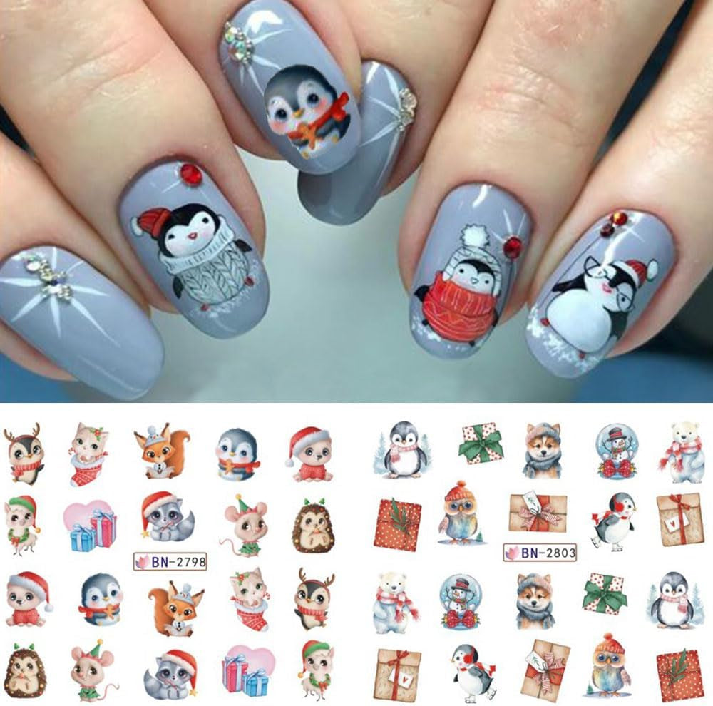 3D-Weihnachts-Nagelaufkleber, selbstklebend, Wassertransfer, Weihnachtsbaum, Schneeflocke, Elch, Pinguin, Weihnachts-Nagelkunst, Winter-Nageldesign, Weihnachtsaufkleber, Nagelzubehör