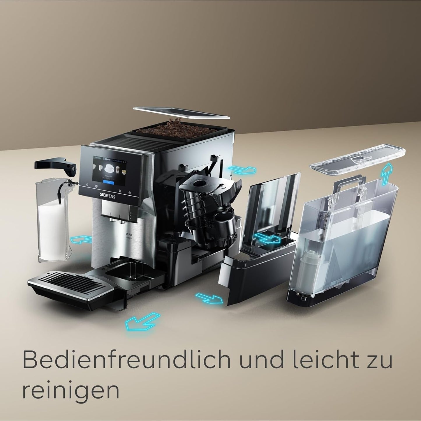 Siemens EQ700 Espressovollautomat, großer Farb-TFT-Bildschirm, 36 Heiß- und Kaltgetränke, Kaltbrühen, 2-Tassen-Funktion, App-Steuerung, automatisches Reinigungssystem, schwarzer Edelstahl, TQ717D03
