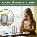 Moderner Mate-Becher 340 ml, isoliertes doppelwandiges Edelstahl-Yerba-Mate-Becher-Set, Mate-Teebecher mit BPA-freiem Deckel, Bombillas und einer Reinigungsbürste (Silber)
