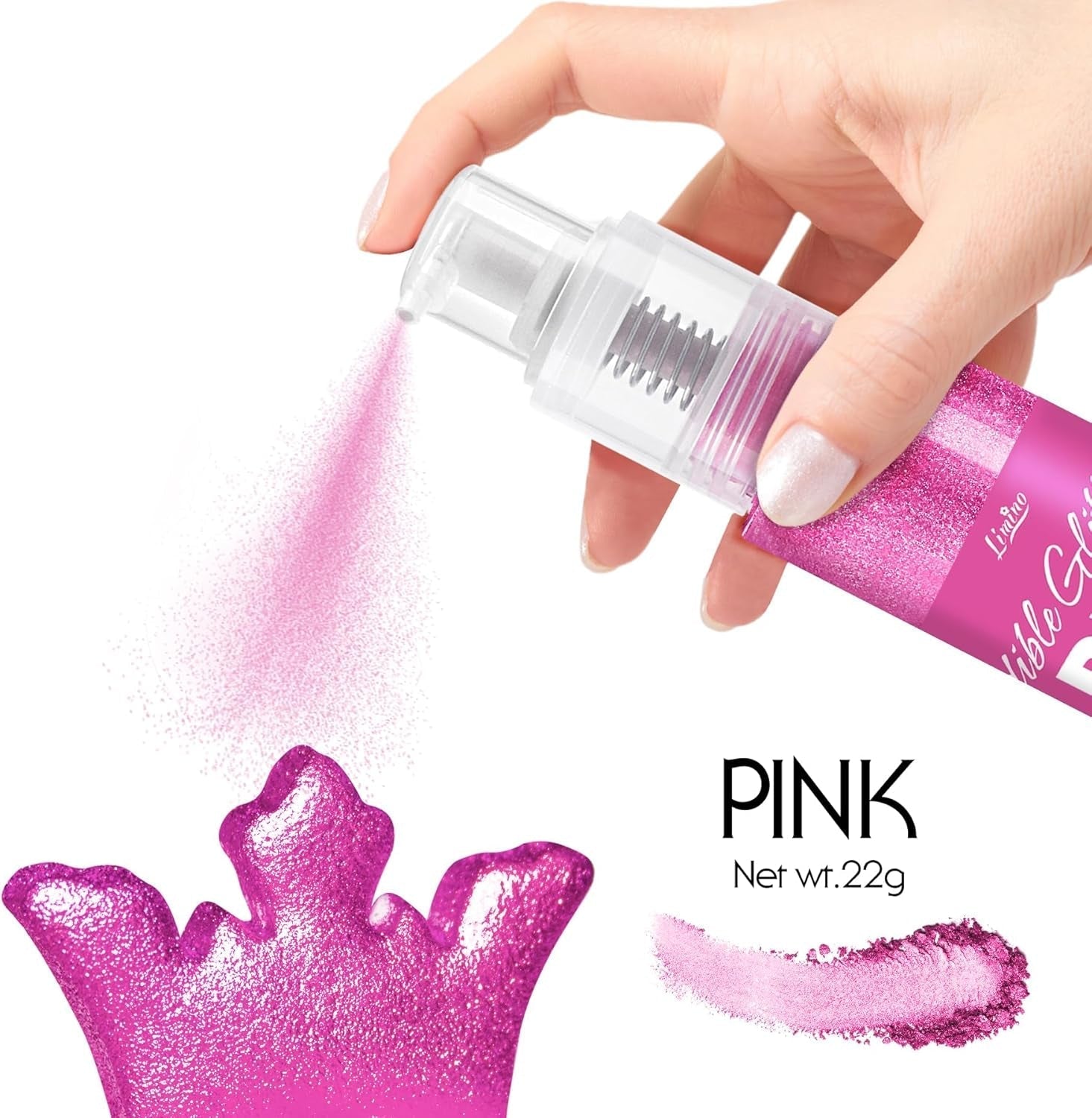 Essbares Glitzerspray – 22 g essbarer Glitzer, essbares Glitzerpulver für Getränke, Kuchendekorationen, Macarons – Lebensmittelfarbenes Glitzerpulver, essbarer Glitzer für Cocktails, Muffins (Pink)