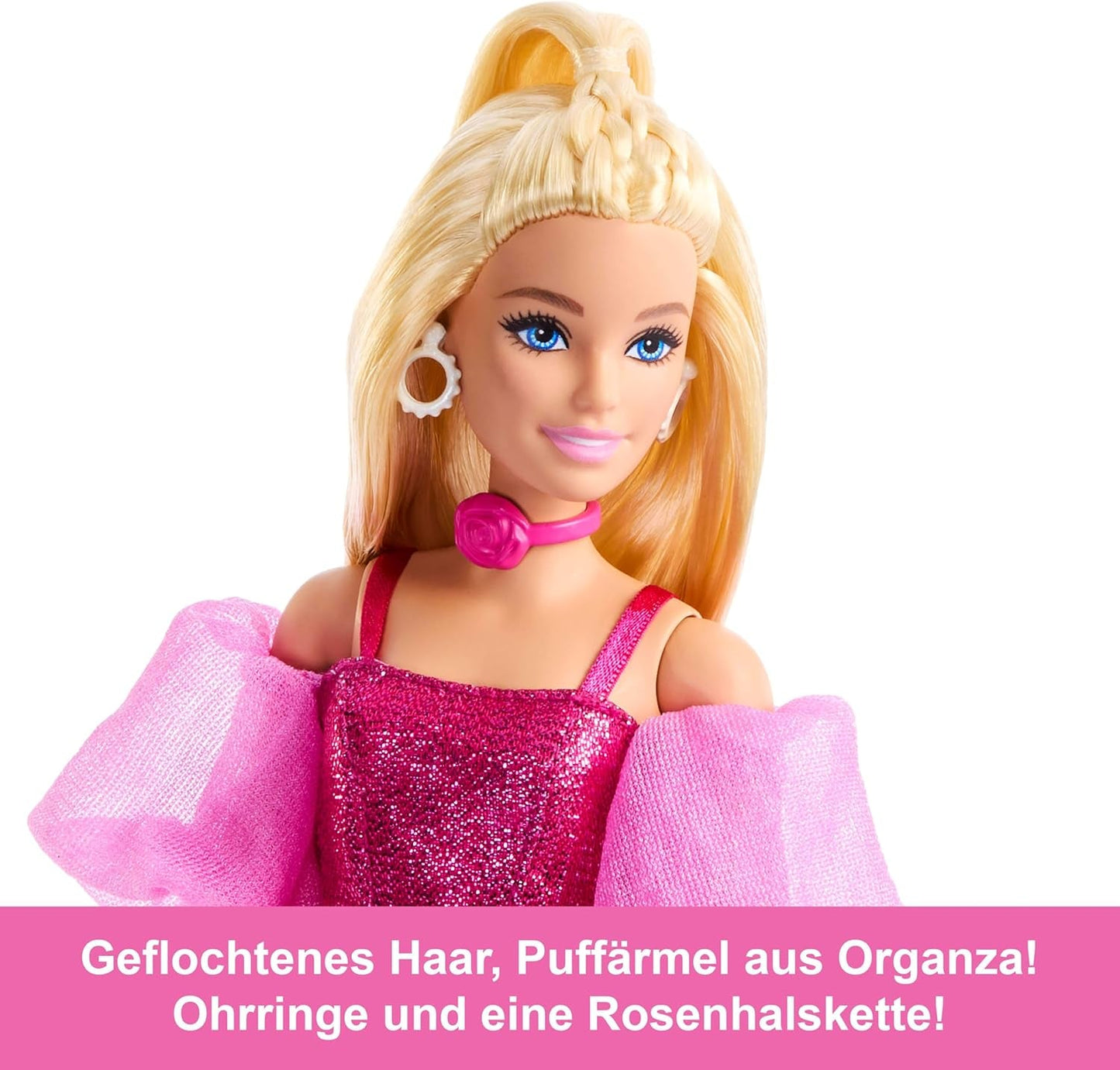 Barbie Deluxe Style Nr. 5-Puppe in einem metallischen rosa-blonden Outfit mit glitzerndem Oberteil und glitzernden Hosen, mit Accessoires wie einer rosa Halskette und einer Handtasche, JFP40