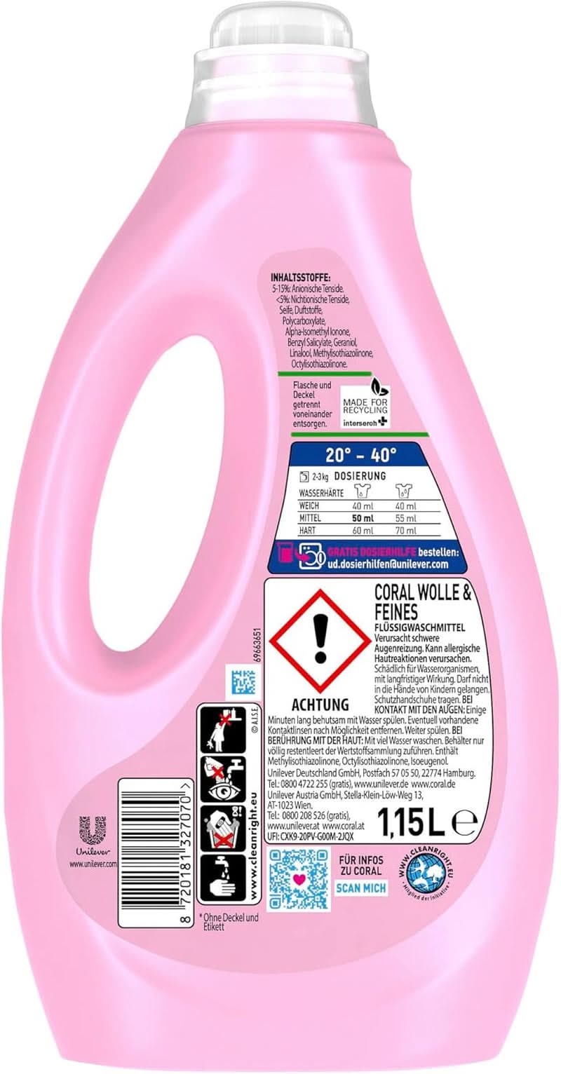 Coral Feinwaschmittel für Wolle und Feinwäsche, 23 Waschgänge, 1,15 Liter Waschmittel Naty Shop